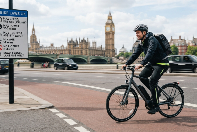 cyclist riding past sign displaying UK ebike laws