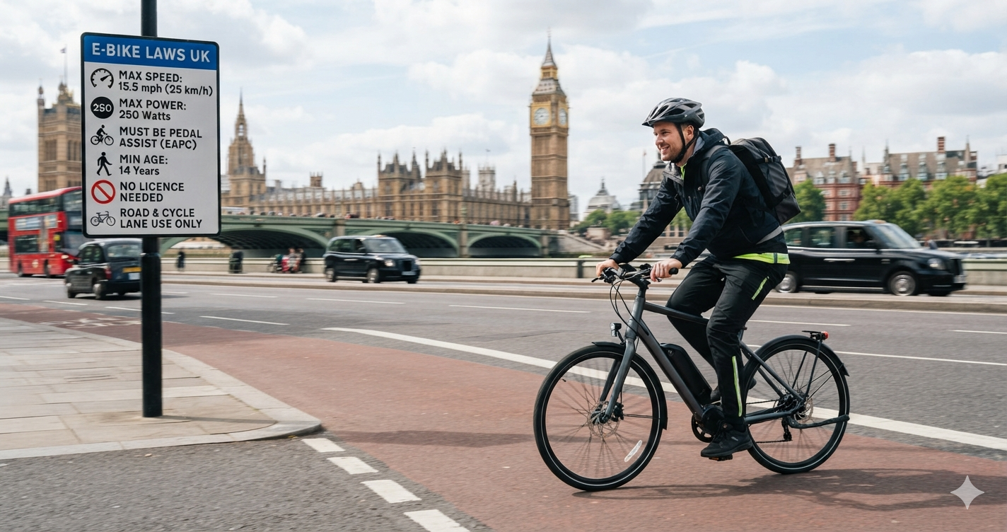 E-Bike Laws in the UK: What’s Legal in 2026 cyclist riding past sign displaying UK ebike laws