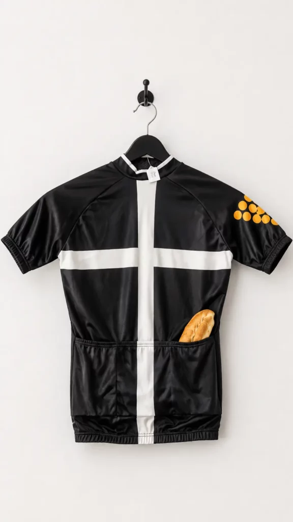 Rear of the Saint Piran cycling jersey showing the fifteen gold bezants of Cornwall and a Cornish pasty