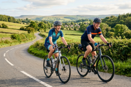older couple cycling along a country main road