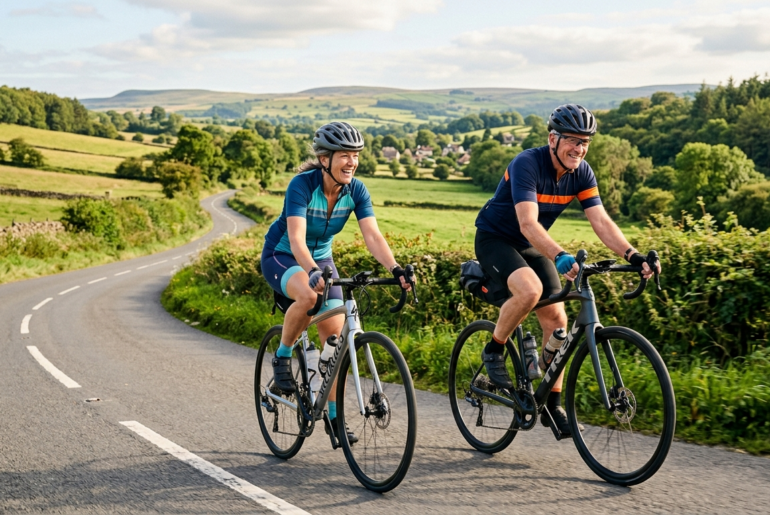 older couple cycling along a country main road