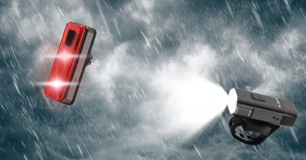 front and rear bike lights on a rainy backdrop
