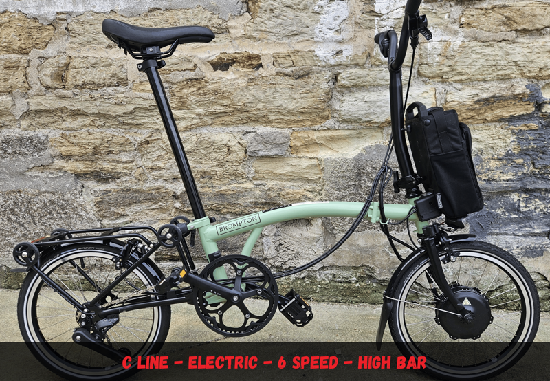 Brompton Electric C Line 6 Speed High Bar With Roller Frame in Matcha Green - Electric Folding Bike