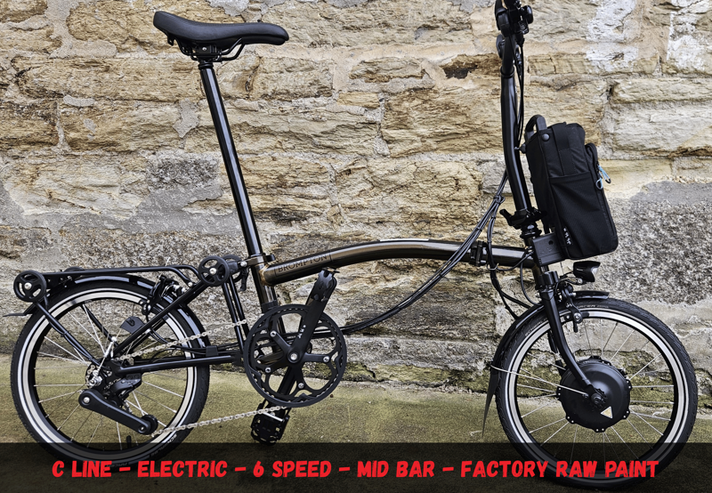 Brompton Electric C Line 6 Speed Mid Bar With Roller Frame in Factory Raw - Electric Folding Bike